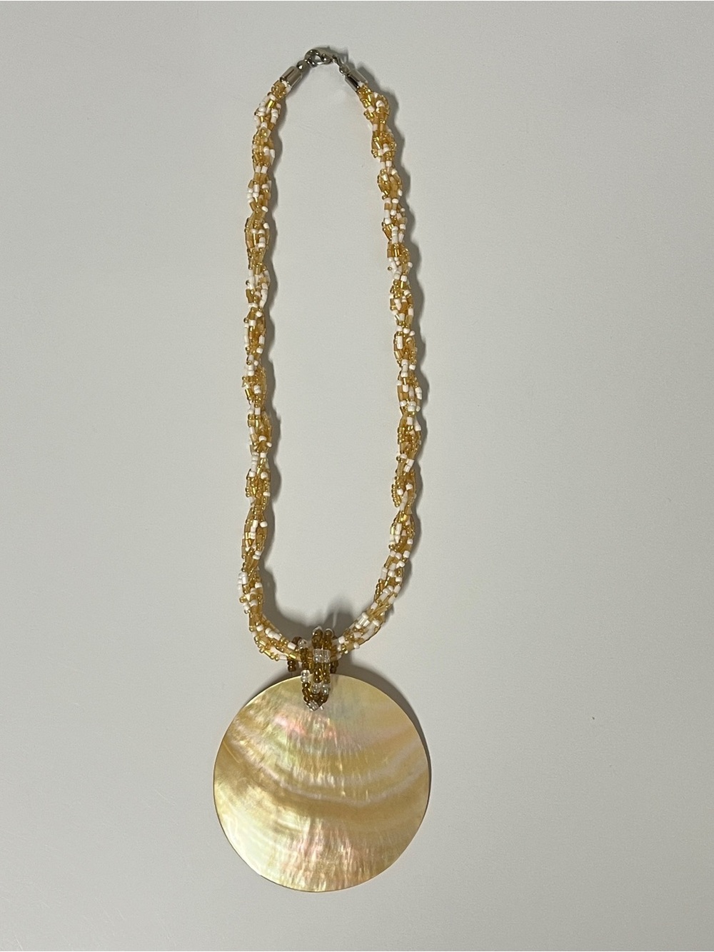 Vintage Mother of Pearl 3" Round Shell Disc Pendant Necklace (18" Length)